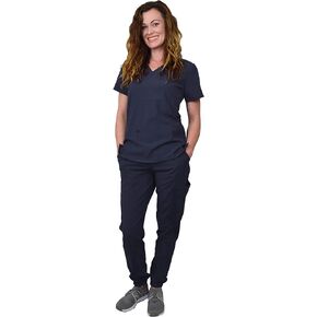 Green Town Scrubs for Women Scrub Set - Jogger Pant and V-Neck Top, 6 Pockets, Easy Care Uniforms-Pewter-X-Small Petite