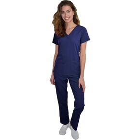 Green Town Scrubs for Women Scrub Set - V-Neck Top and Straight Leg Pant, 5 Pockets, Easy Care, Solids and Prints Uniforms -Navy/Indigo-Large Petite