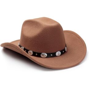 Women Men Fashion Wide Brim Teardrop Crown Felt Western Cowboy Cowgirl Hat with Silver Studs Leather Hat Band