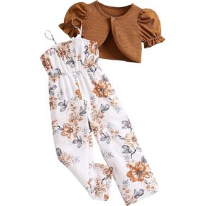 SweatyRocks Girl's 2 Piece Outfit Short Puff Sleeve Round Neck Top and Floral Pattern Jumpsuit Set