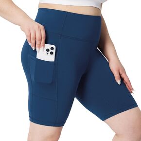 BALEAF Biker Shorts Women Yoga Gym Workout Spandex Running Volleyball Tummy Control Compression Shorts with Pockets Lycra 8" Blue XL