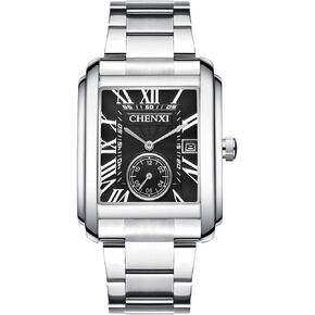 Lancardo Men Square Wrist Watch: Silver Tone Stainless Steel Analog Quartz Calendar Second Dial Business Casual Watch for Men