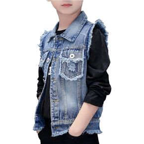 MYtodo Boy's Solid Color Denim Vest Kids Casual Sleeveless Jean Jacket