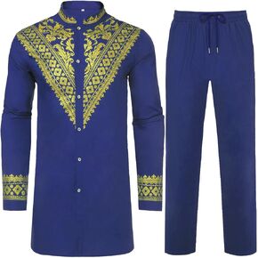 Daupanzees Men's African 2 Piece Set Luxury Traditional Suit Stamp Print Dashiki Button Down Shirt and Pants Outfit