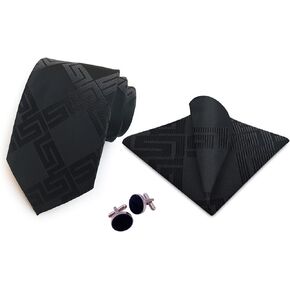 Mens Tie Set Black Ties Classic Necktie with Pocket Square Cufflinks Tie and Handkerchief Cufflinks Set Formal