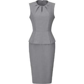 Hobemty Women's Sheath Dress Pleated Neck Work Sleeveless Peplum Pencil Dresses