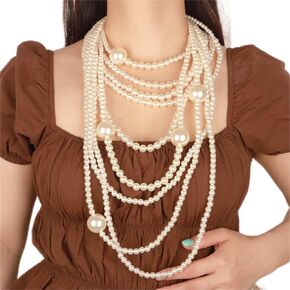 Dainty 7 Mult Layer Pearl Necklace 1920s Pearl Earrings Fashion Pearl Necklace Bridal Wedding Jewelry Accessories for Women and Girls(White)