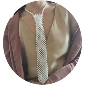 Pearls Neck Tie Handmade Weaving Shirt Necklace Neck Tie White Pearls Tie Necklace for Women Girls