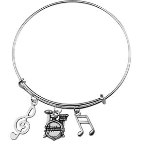 Music Is What Feelings Sound Like Expandable Charm Bracelet, Treble Clef Drums Band Player Eighth Quarter Notes Pendant (Silver)