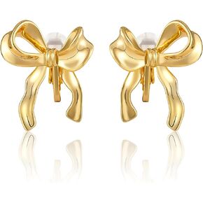 Gold Clip On Earrings for Women 14K Gold Clip-on Earrings Non Piercing Bow Earrings Ribbon Dangle Drop Tassel Chian Statement Earrings Lightweight Fake Bow Earrings for Non Pierced Ears
