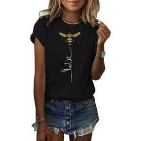 Pfvkeree Womens Cute Bee Graphic Tee Shirts Short Sleeve Let It Bee Funny Letter Print Summer T-Shirt Tops