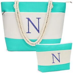 Personalized Canvas Initial Beach Tote Bag with Makeup Bag Travel Essentials Beach Gifts Birthday Gifts for Women Her