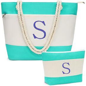 Personalized Canvas Initial Beach Tote Bag with Makeup Bag Travel Essentials Beach Gifts Birthday Gifts for Women Her