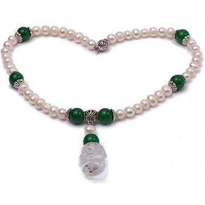 JYX لؤلؤة قلادة 7-9 ملم المياه العذبة المستزرعة الأبيض لؤلؤة قلادة و 12 ملم خرز اليشم الماليزي مع قلادة الكريستال الأبيض 18 بوصة, 7-9mm, لؤلؤة, لؤلؤ in Kuwait