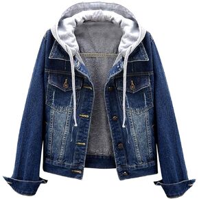 Women's Jean Buttons Ripped Denim Jackets Coats with Detachable Hood,Sherpa Fleece Linings And regular Jackets