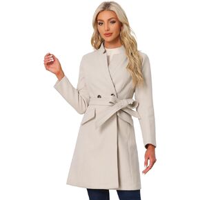 Allegra K Winter Belted Coat for Women's Stand Collar Buttoned Outwear Mid-Long Work Overcoat