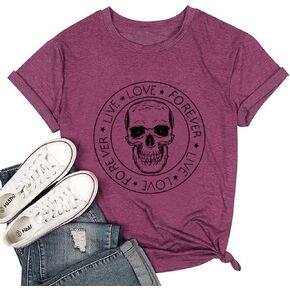 Skull Shirts for Women Funny Gothic Graphic Tee Top Cute Summer Casual Short Sleeve Novelty Muscle Tshirts