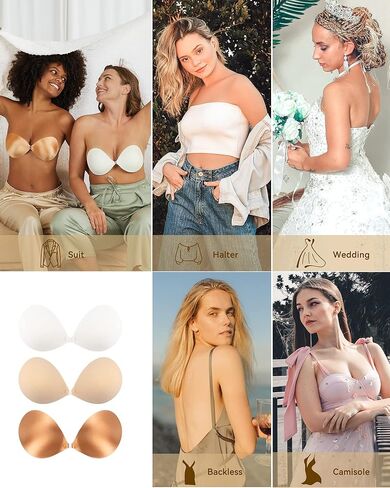 Niidor Strapless Bra Self Sticky Bra for Backless Dress with Silicone Pasties, B Cup White in Kuwait