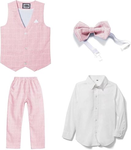 LOLANTA Boys Vest Suits 4PCs Wedding Ring Bearer Outfits Wasitcoat Shirt Pants Bow Tie 2-13 Years in Kuwait