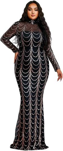 فستان Miss ord نسائي رسمي بمقاس كبير ورقبة عالية مزين بالترتر للحفلات الراقصة، فستان سهرة شبكي بأكمام طويلة على شكل حورية البحر in Kuwait