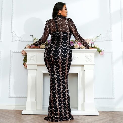 فستان Miss ord نسائي رسمي بمقاس كبير ورقبة عالية مزين بالترتر للحفلات الراقصة، فستان سهرة شبكي بأكمام طويلة على شكل حورية البحر in Kuwait