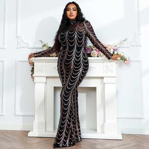 فستان Miss ord نسائي رسمي بمقاس كبير ورقبة عالية مزين بالترتر للحفلات الراقصة، فستان سهرة شبكي بأكمام طويلة على شكل حورية البحر in Kuwait