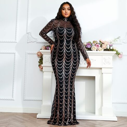 فستان Miss ord نسائي رسمي بمقاس كبير ورقبة عالية مزين بالترتر للحفلات الراقصة، فستان سهرة شبكي بأكمام طويلة على شكل حورية البحر in Kuwait