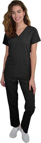 Green Town Scrubs for Women Scrub Set - V-Neck Top and Straight Leg Pant, 5 Pockets, Easy Care, Solids and Prints Uniforms -Black-Medium Petite in Saudi Arabia