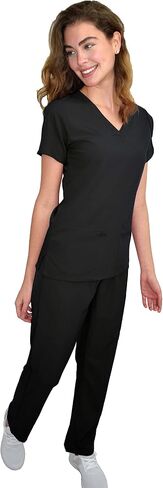 Green Town Scrubs for Women Scrub Set - V-Neck Top and Straight Leg Pant, 5 Pockets, Easy Care, Solids and Prints Uniforms -Black-Medium Petite in Saudi Arabia