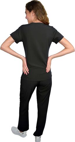 Green Town Scrubs for Women Scrub Set - V-Neck Top and Straight Leg Pant, 5 Pockets, Easy Care, Solids and Prints Uniforms -Black-Medium Petite in Saudi Arabia