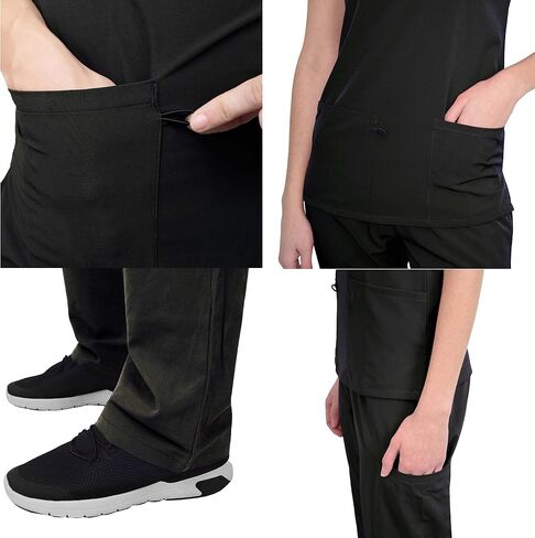 Green Town Scrubs for Women Scrub Set - V-Neck Top and Straight Leg Pant, 5 Pockets, Easy Care, Solids and Prints Uniforms -Black-Medium Petite in Saudi Arabia