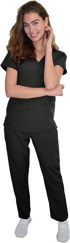 Green Town Scrubs for Women Scrub Set - V-Neck Top and Straight Leg Pant, 5 Pockets, Easy Care, Solids and Prints Uniforms -Black-Medium Petite in Saudi Arabia