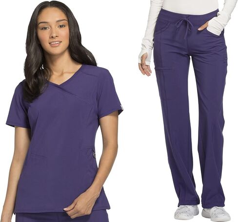 Cherokee Infinity Women Scrubs Set 2625A Mock Wrap Top & 1123A Straight Leg Drawstring Pant, Grape- S Top/S Pant in Saudi Arabia