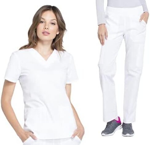 Women Scrubs Set Workwear Professionals WW665 V-Neck Top & WW170 Mid Rise Straight Leg Pull-on Cargo Pant, White- M Top/M Pant in Saudi Arabia