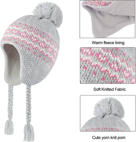 Toddler Kids Winter Beanie Hat Mittens Set for Baby Girls Boys Warm Knitted Fleece Earflap Hat and Gloves Set Ages 1-6 in Saudi Arabia
