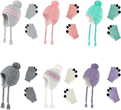 Toddler Kids Winter Beanie Hat Mittens Set for Baby Girls Boys Warm Knitted Fleece Earflap Hat and Gloves Set Ages 1-6 in Saudi Arabia