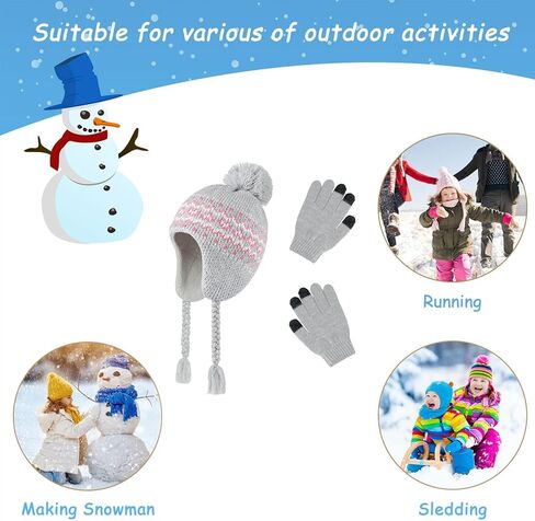 Toddler Kids Winter Beanie Hat Mittens Set for Baby Girls Boys Warm Knitted Fleece Earflap Hat and Gloves Set Ages 1-6 in Saudi Arabia