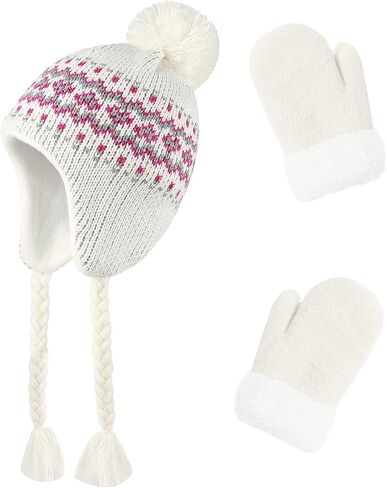 Toddler Kids Winter Beanie Hat Mittens Set for Baby Girls Boys Warm Knitted Fleece Earflap Hat and Gloves Set Ages 1-6 in Saudi Arabia