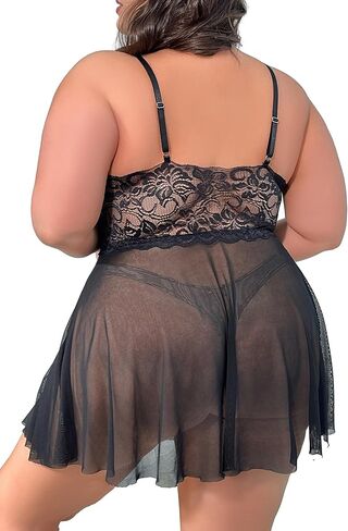 ملابس داخلية مثيرة مقاس كبير من LOVESOFT للنساء ملابس نوم Naughty Babydoll دانتيل برقبة على شكل حرف V in Kuwait