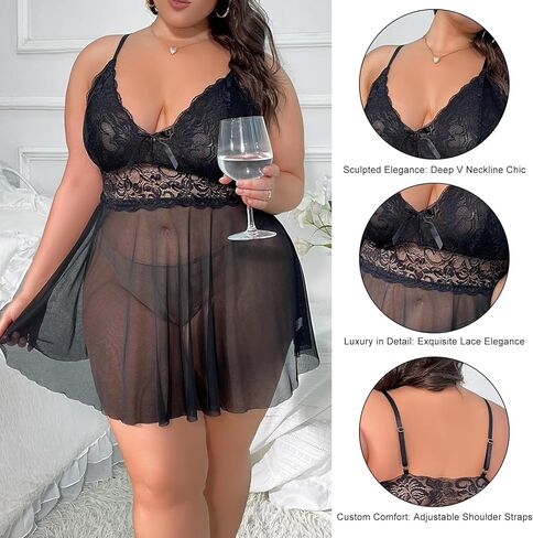 ملابس داخلية مثيرة مقاس كبير من LOVESOFT للنساء ملابس نوم Naughty Babydoll دانتيل برقبة على شكل حرف V in Kuwait