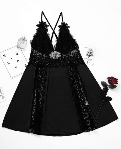 LINGERLOVE Plus Size Lingerie for Women Sexy V Neck babydoll Chemises Lace Mesh Nightgown M-4XL in Saudi Arabia