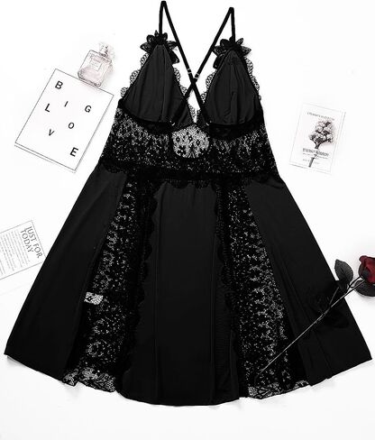 LINGERLOVE Plus Size Lingerie for Women Sexy V Neck babydoll Chemises Lace Mesh Nightgown M-4XL in Saudi Arabia