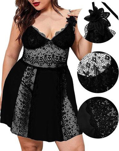 LINGERLOVE Plus Size Lingerie for Women Sexy V Neck babydoll Chemises Lace Mesh Nightgown M-4XL in Saudi Arabia