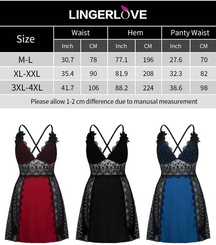 LINGERLOVE Plus Size Lingerie for Women Sexy V Neck babydoll Chemises Lace Mesh Nightgown M-4XL in Saudi Arabia