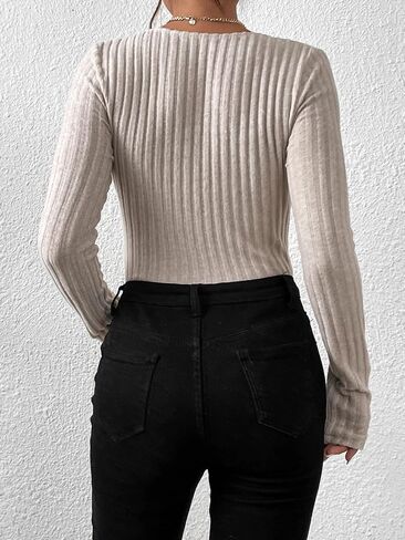SHENHE Women's Twist Front V Neck Long Sleeve Ribbed Knit T Shirt Bodysuit Tops in Saudi Arabia