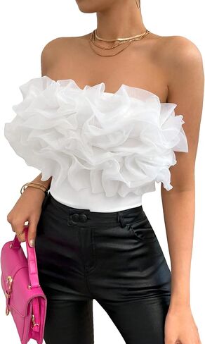 SHENHE Women's Elegant Strapless Ruffle Trim Appliques Sleeveless Bodysuit Tank Tops in Saudi Arabia