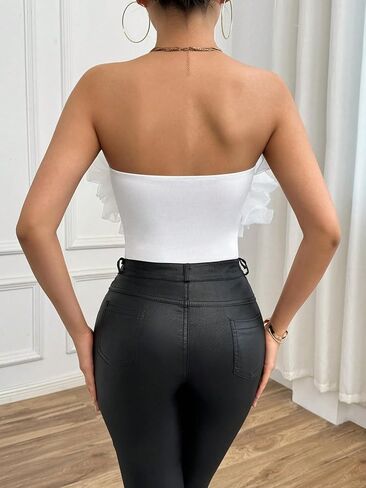 SHENHE Women's Elegant Strapless Ruffle Trim Appliques Sleeveless Bodysuit Tank Tops in Saudi Arabia