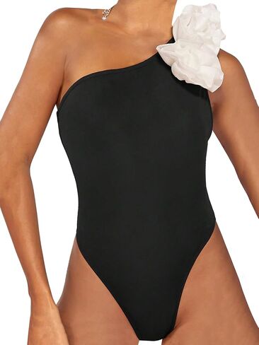 GORGLITTER Women's One Shoulder 3D Flower Bodysuit Sleeveless Tummy Control Leotard Tops in Saudi Arabia