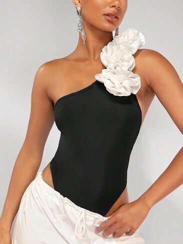 GORGLITTER Women's One Shoulder 3D Flower Bodysuit Sleeveless Tummy Control Leotard Tops in Saudi Arabia