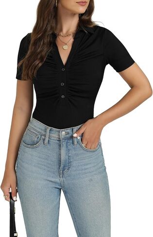 OPOIPIN Women's Rib Knit Collar Deep V Neck Ruched Buttons Short Sleeve Bodysuit Leotard Top in Saudi Arabia